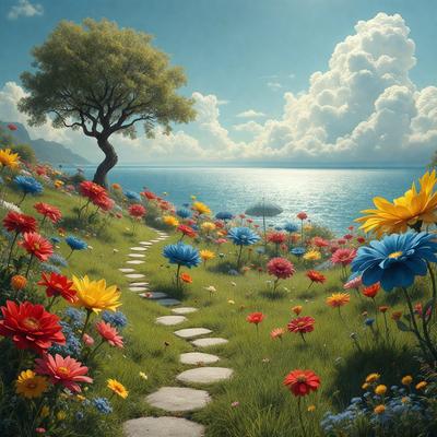 The primary subject of the image is a pathway surrounded by a variety of flowers, including red, yellow, and blue ones. The setting is a grassy field with a tree in the background, and the visual style is a digital art or illustration. The colors and mood of the image are vibrant and lively, with the flowers creating a sense of warmth and beauty.